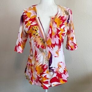 Charlotte Brightly Colored Floral Cotton Cardigan Sweater Size XL